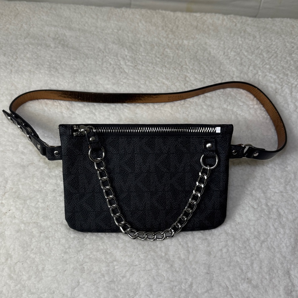 Michael Kors‎ Black Leather Belt Bag Waist Pouch Chain Detail